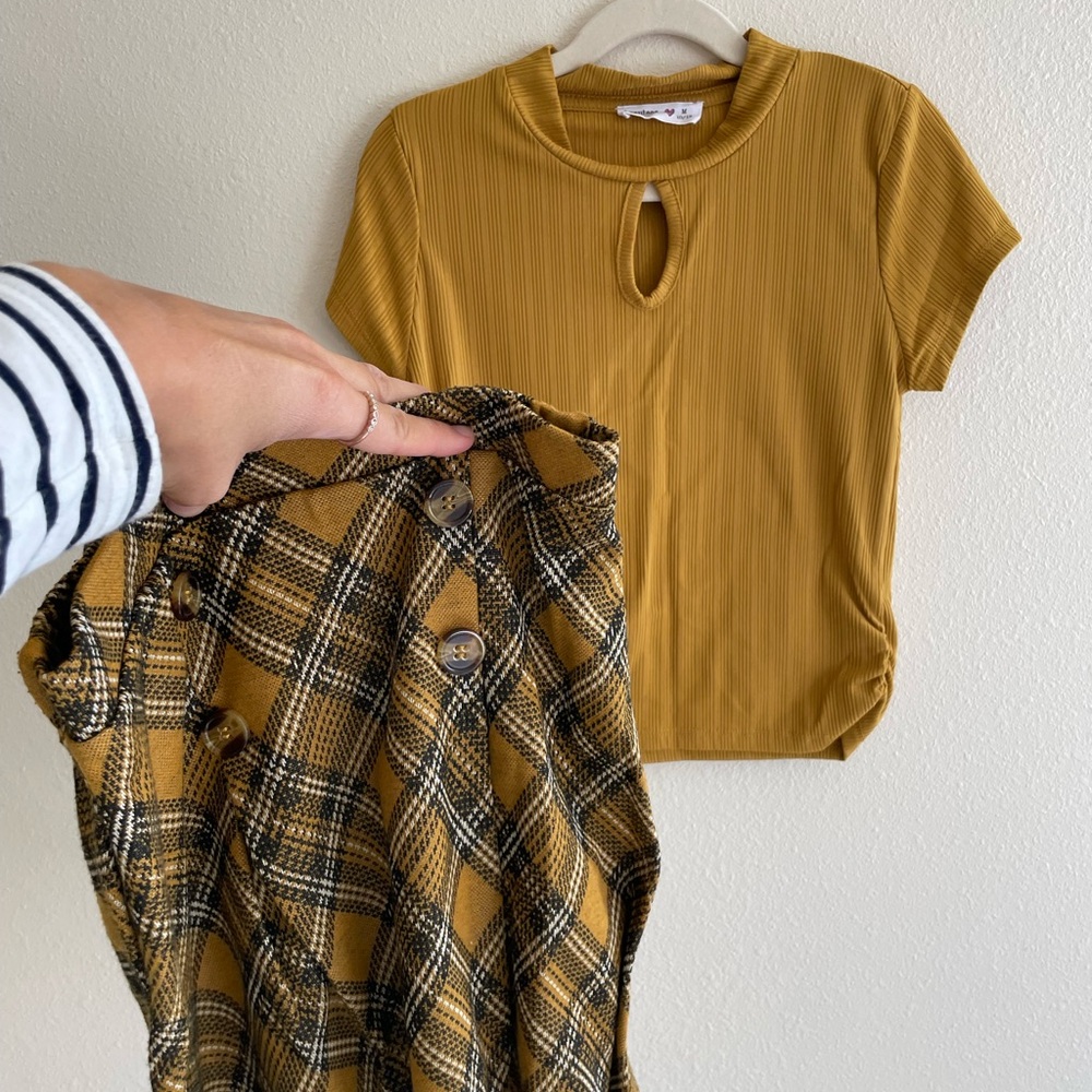 Beautees Mustard Yellow Pleated Skirt and Rib Knit Top Set